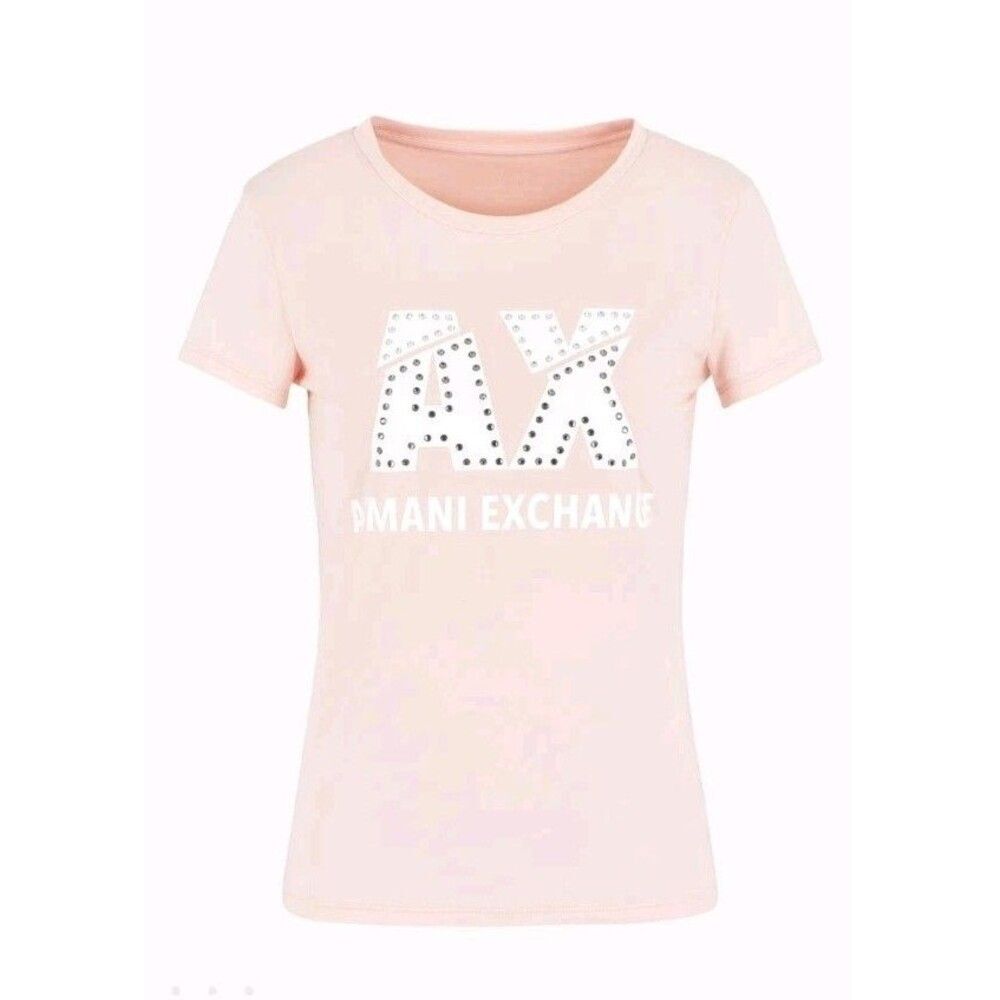 NWT Armani Exchange T-Shirt Womens M Pink Rhinestone Studded A|X Logo Slim